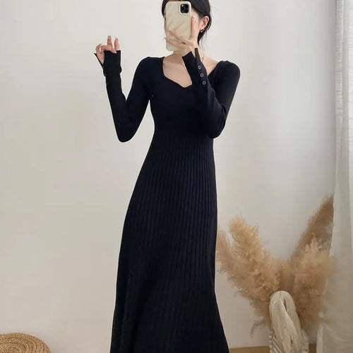 Load image into Gallery viewer, Women Autumn Beige Elegant Knit Long Dress Square V Neck Slim Bodycon Sweater Dress Winter Black Long Sleeves Dresses New French
