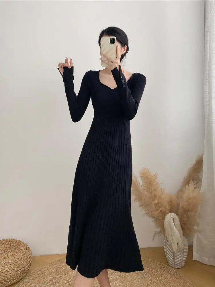 Women Autumn Beige Elegant Knit Long Dress Square V Neck Slim Bodycon Sweater Dress Winter Black Long Sleeves Dresses New French