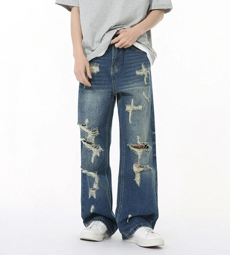 Irregular Holes Design Men's Jeans Solid Color Straight Worn-out Casual Bottom Wide Leg Baggy Male Denim Pants Niche 9W1267