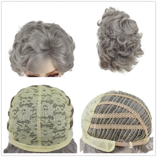 Load image into Gallery viewer, Old Lady Synthetic Granny Wigs for Women Silver Gray Wig with Bangs Natural Hairstyle Curly Short Haircuts for Mother Mommy Wigs
