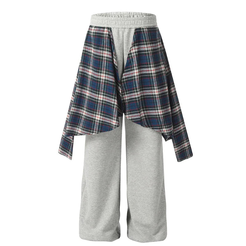 American Style Male Sweatpants High Street Fake Two-piece Spliced Plaid Peplum Design Solid Color Men's Pants 9W1857