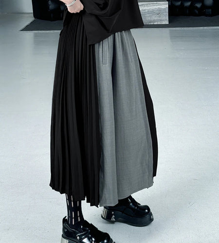 High Elastic Waist Gray Color-block Pleated Wide Leg Pants New Trousers Women Fashion Tide Spring Autumn 2025 1DJ1336