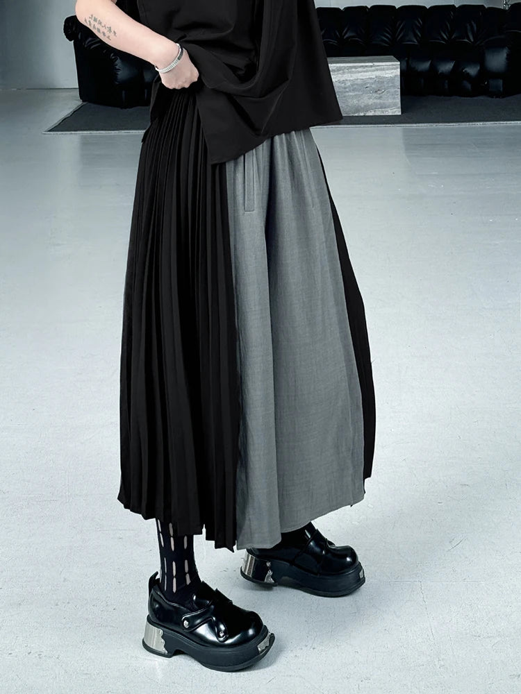 High Elastic Waist Gray Color-block Pleated Wide Leg Pants New Trousers Women Fashion Tide Spring Autumn 2025 1DJ1336