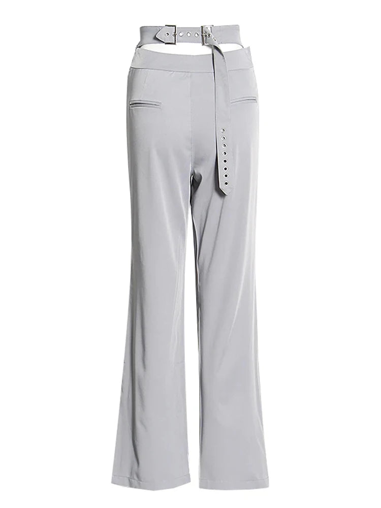 Solid Casual Patchwork Belt Pant For Women High Waist Spliced Zipper Minimalist Wide Leg Pants Female Fashion New