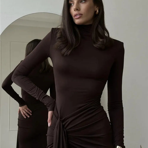 Load image into Gallery viewer, Turtleneck Thigh High Split Sexy Maxi Dress For Women Fashion Long Sleeve Draped Bandage Bodycon Club Long Dress
