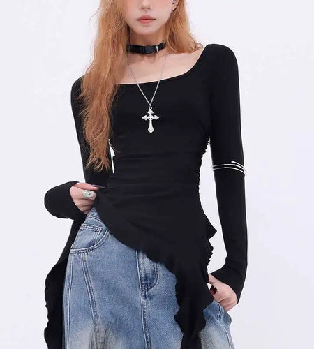 Black Woman T Shirts Long Sleeve Irregular Slim Waist Tees Y2k Tops Square Collar Chic Tshirts Casual Sexy Camisetas Ropa Mujer