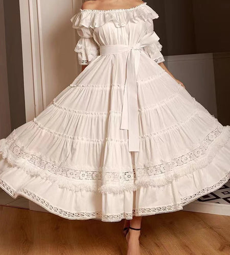 Elegant White Dress For Women Slash Neck Short Sleeve Patchwork Ruffle Trim Lace Panel High Waist Long Dresses Female 2022