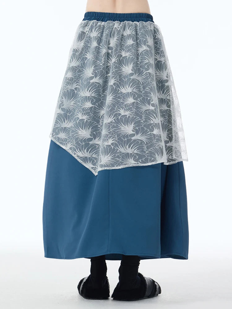 High Elastic Waist Black Lace Spliced Irregular A-line Half-body Skirt Women Fashion Tide New Spring Autumn 2025 1DJ1251