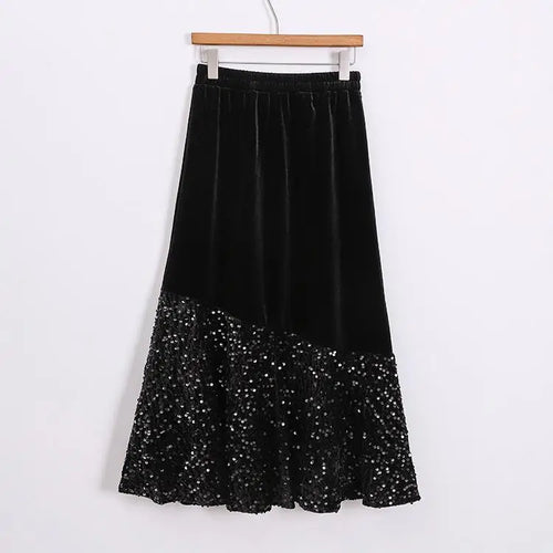 Load image into Gallery viewer, Autumn Winter Vintage Patchwork Sequin Wrap Hip Long Velvet Skirts Women's 2024 Elegant High Waist Pleated Fishtail Skirt French
