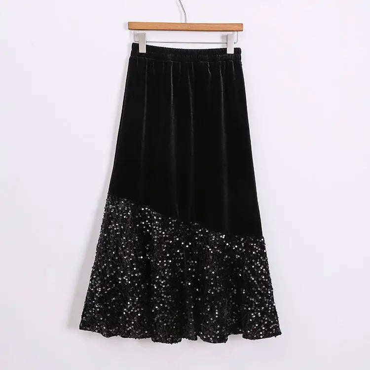 Autumn Winter Vintage Patchwork Sequin Wrap Hip Long Velvet Skirts Women's 2024 Elegant High Waist Pleated Fishtail Skirt French