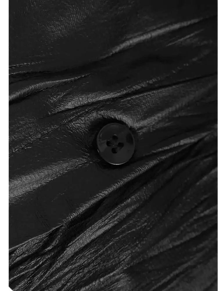 Women Black Pu Leather Pleated Big Size Mini Shirt Dress New Lapel Long Sleeve Fashion Tide Spring Autumn 2025 1DH7337