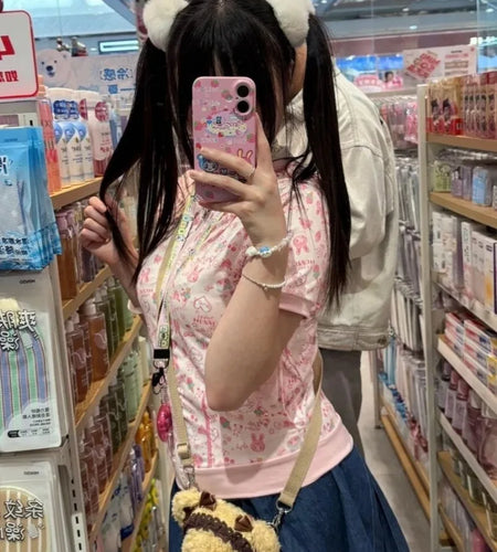 Japanese Kawaii Cartoon Print Summer Thin Short Sleeve Coat Women Vasual Cute Hooded Jacket Y2k Aesthetic Sweet Grunge Outwear