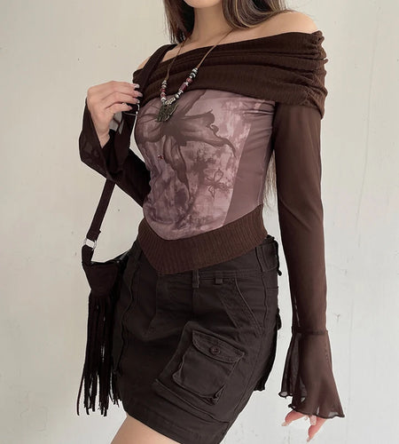 Grunge Fairycore Autumn T shirt Female Butterfly Print Mesh Top Off Shoulder Vintage Party Shirt Transparent Y2K Sexy