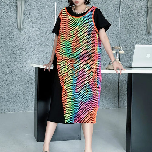 Load image into Gallery viewer, Women Green Colorful Spliced Big Size Midi Dress New Round Neck Short Sleeve Fashion Tide Spring Summer 2025 1DJ1155
