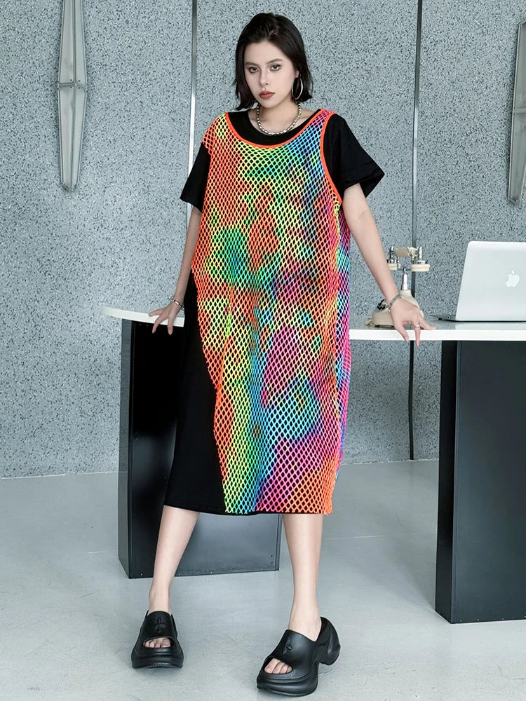 Women Green Colorful Spliced Big Size Midi Dress New Round Neck Short Sleeve Fashion Tide Spring Summer 2025 1DJ1155