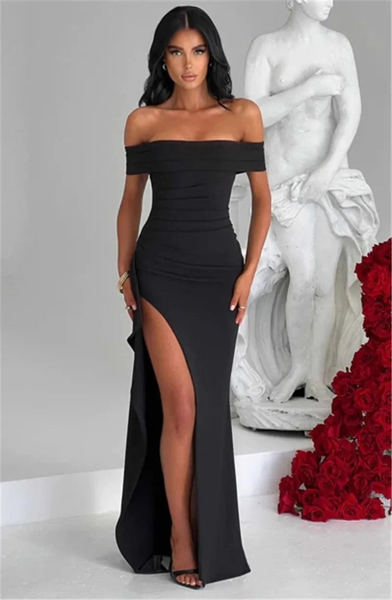 Elegant Off-shoulder High Split Maxi Dress Women Fashion Strapless Sleeveless Backless Bodycon Club Party Sexy Dress
