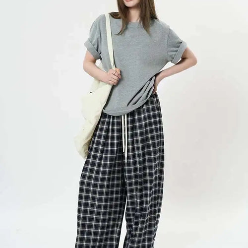 Load image into Gallery viewer, High Elastic Waist Blue Plaid Drawstring Long Wide Leg Pants New Trousers Women Fashion Tide Spring Autumn 2025 1DH9462
