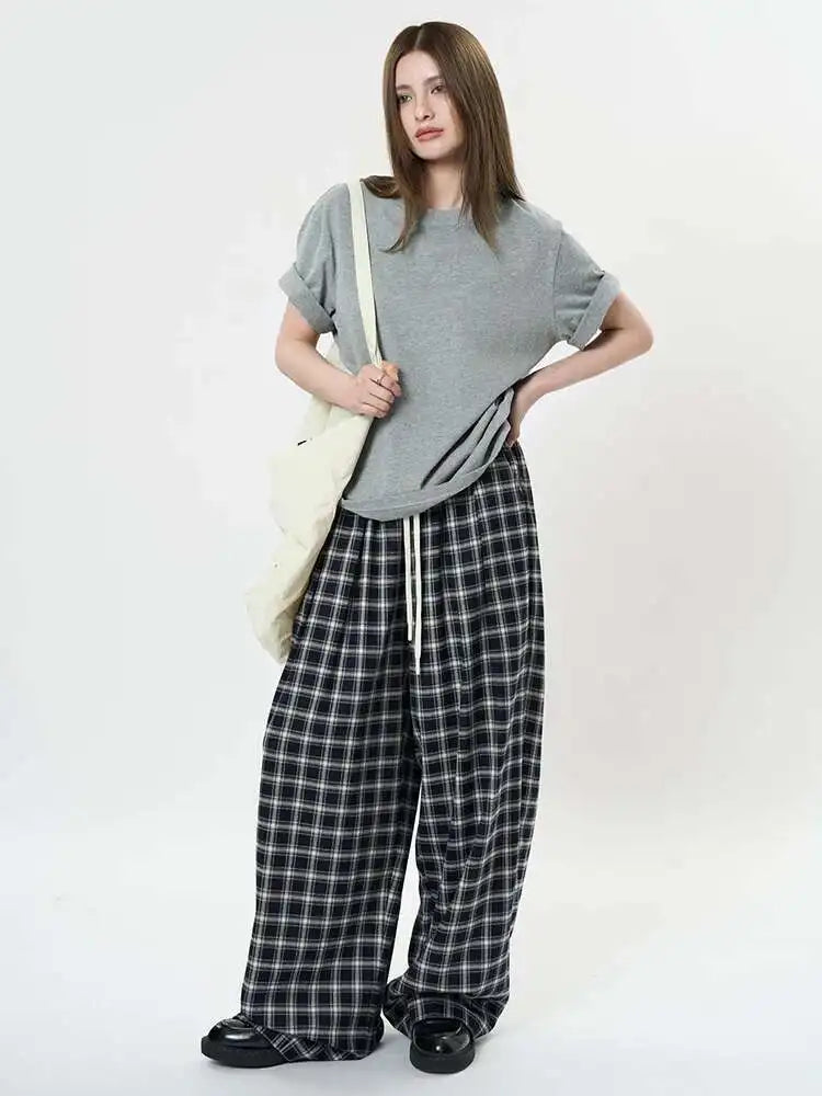 High Elastic Waist Blue Plaid Drawstring Long Wide Leg Pants New Trousers Women Fashion Tide Spring Autumn 2025 1DH9462