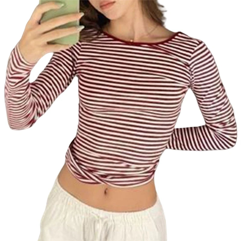 y2k Tops Women Grunge Clothes Casual Striped Round Neck Backless Long Sleeve Tee Shirts 2000s Clothing Streetwear