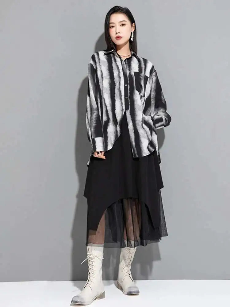 Women Striped Tie Dye Back Split Big Size Blouse New Lapel Long Sleeve Loose Fit Shirt Fashion Spring Autumn 2025 1DF6518
