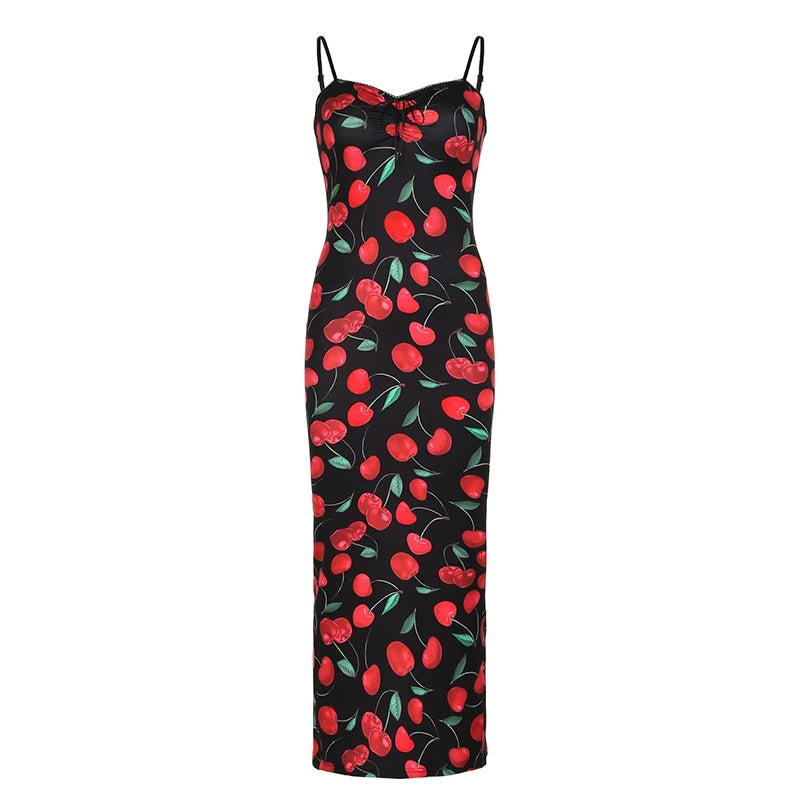 Spaghetti Strap Elegant Summer Long Dress Cherry Printed Fashion Folds Beach Holidays Sundress Sexy Women's Dresses