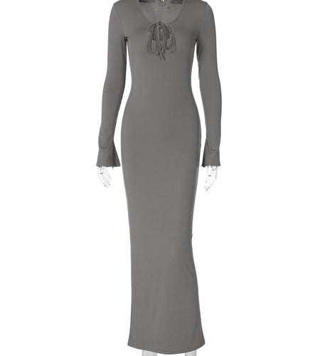 Ribbed Solid Long Sleeve Squar Collar Lace Up Elegant Sexy Slim Maxi Dress Fall Winter Outfits Birthday Party Festival
