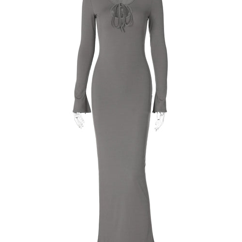 Load image into Gallery viewer, Ribbed Solid Long Sleeve Squar Collar Lace Up Elegant Sexy Slim Maxi Dress Fall Winter Outfits Birthday Party Festival
