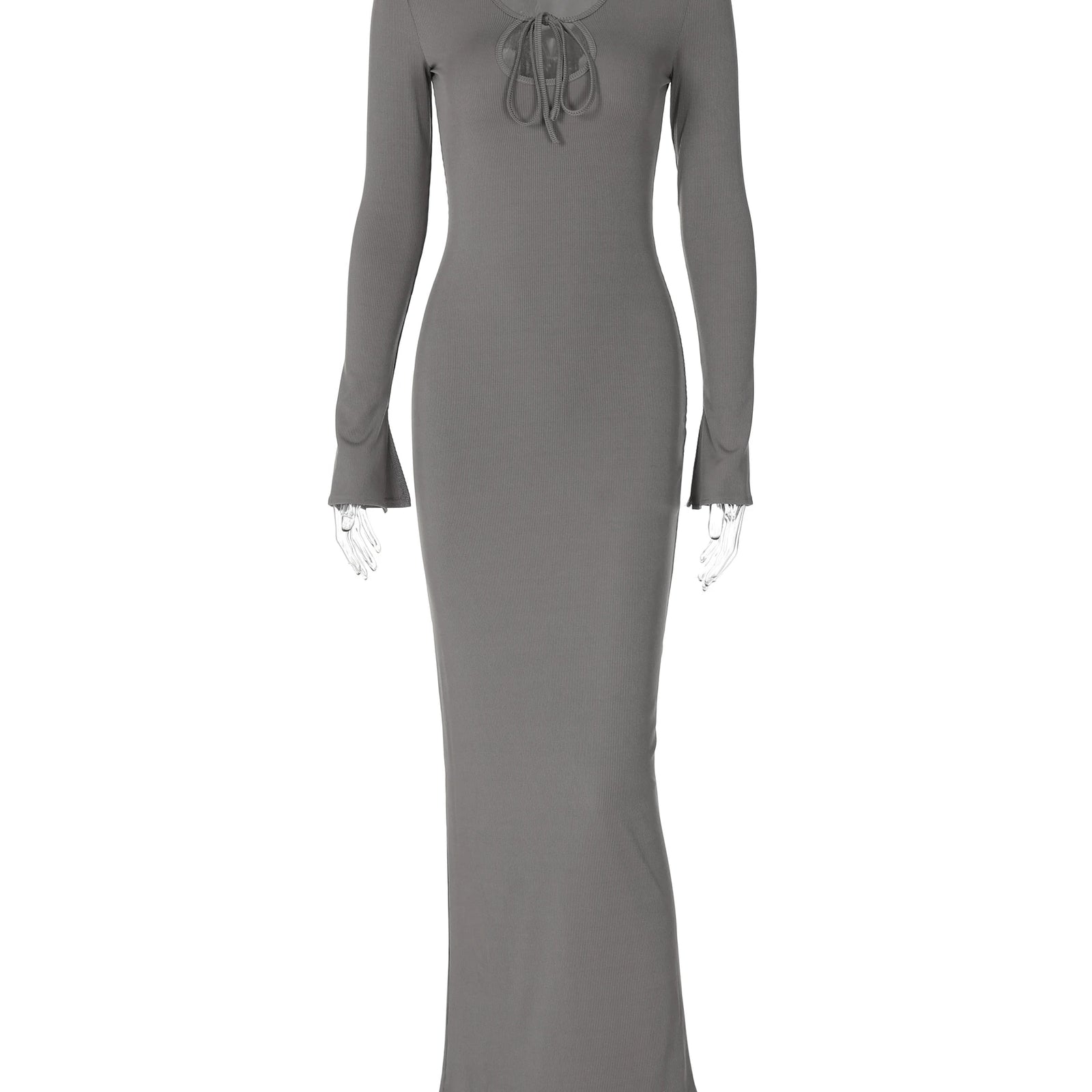 Ribbed Solid Long Sleeve Squar Collar Lace Up Elegant Sexy Slim Maxi Dress Fall Winter Outfits Birthday Party Festival