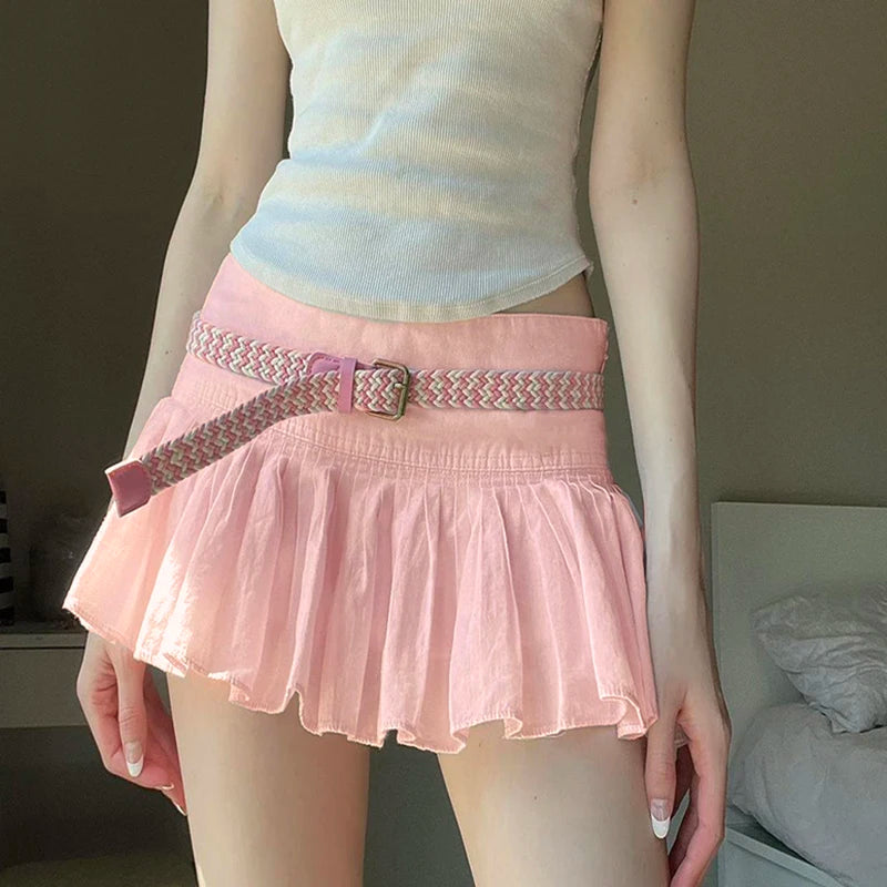 Sweet Cute Low Waist Pink Pleated Skirt Korean Fashion Girls Coquette Clothes Summer Mini Skirt Women Prepy Style New