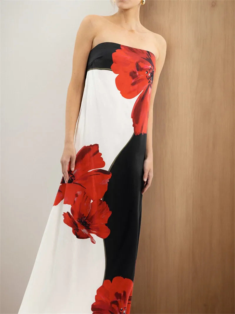 Strapless Floral Print Sexy Maxi Dress Women Gown Off-shoulder Sleeveless Backless A-line Club Long Dress Vestido