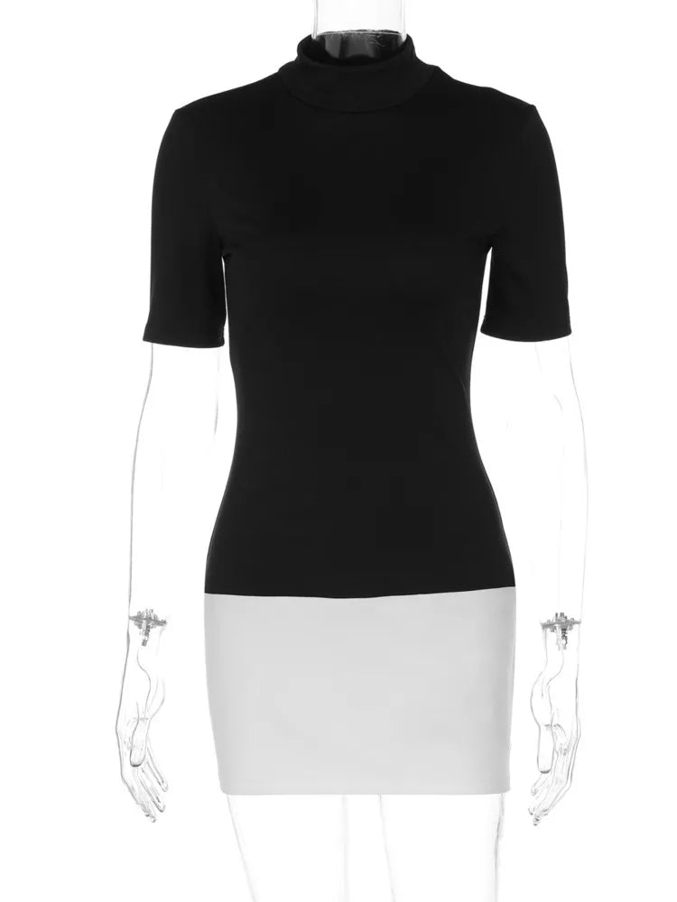 Sexy Half High Collar Half Sleeve Patchwork Mini Dress Women Slim Elegant High Waist Dress Streetwear Female Clothes