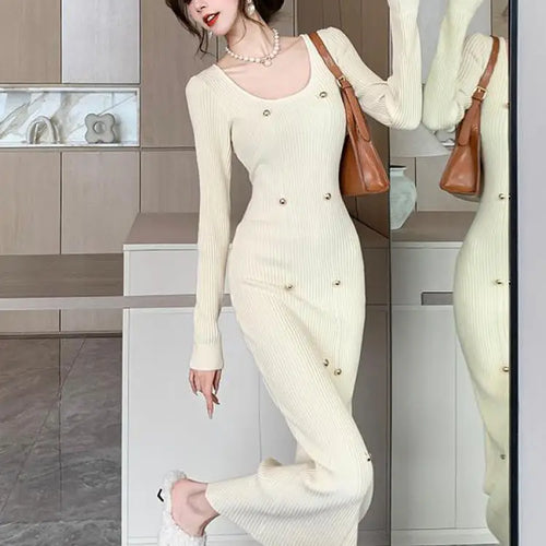 Load image into Gallery viewer, Autumn Winter French Fashion Long Sleeves Knitted Dresses Women's Elegant Square Neck Office Lady Wrap Hip Dress Simplicity Slim
