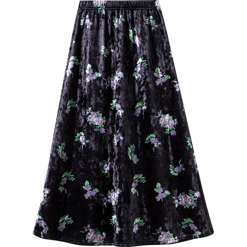 Load image into Gallery viewer, Black Red Floral Print Velvet Long Skirt Vintage Elastic High Waist Slim A-line Skirts Autumn Winter Fashion Women Bohemian Chic
