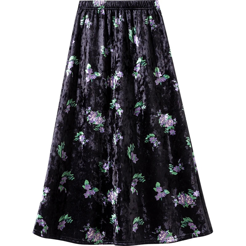 Black Red Floral Print Velvet Long Skirt Vintage Elastic High Waist Slim A-line Skirts Autumn Winter Fashion Women Bohemian Chic