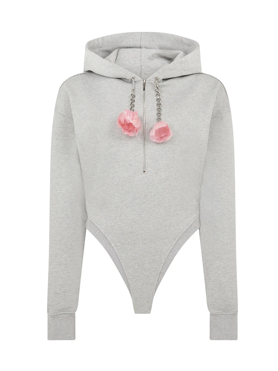 Solid Spliced 3D Flower Fashion Jumpsuit Hoodies for Women Round Neck Long Sleeves Patchwork Zipper Hoodie Female