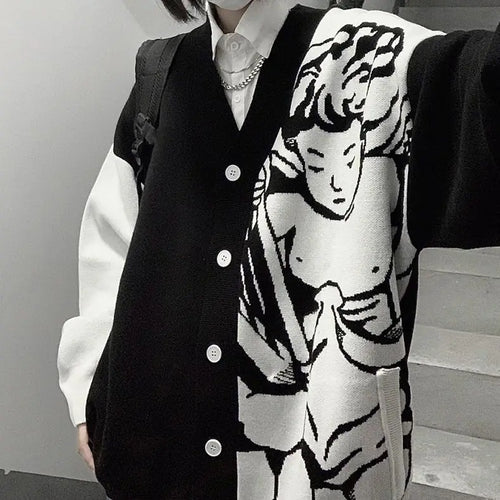 Load image into Gallery viewer, Casual Streetwear Angel Print Contrast Color Cardigan Women Loose Sweater Coat Autumn Harajuku Aesthetic Knitted Jumper
