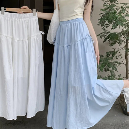 Load image into Gallery viewer, Vintage White Elastic High Waist A-line Skirt For Women Blue Elegant Lace-up Pleated Long Skirt 2024 Summer Ladies Versatile New
