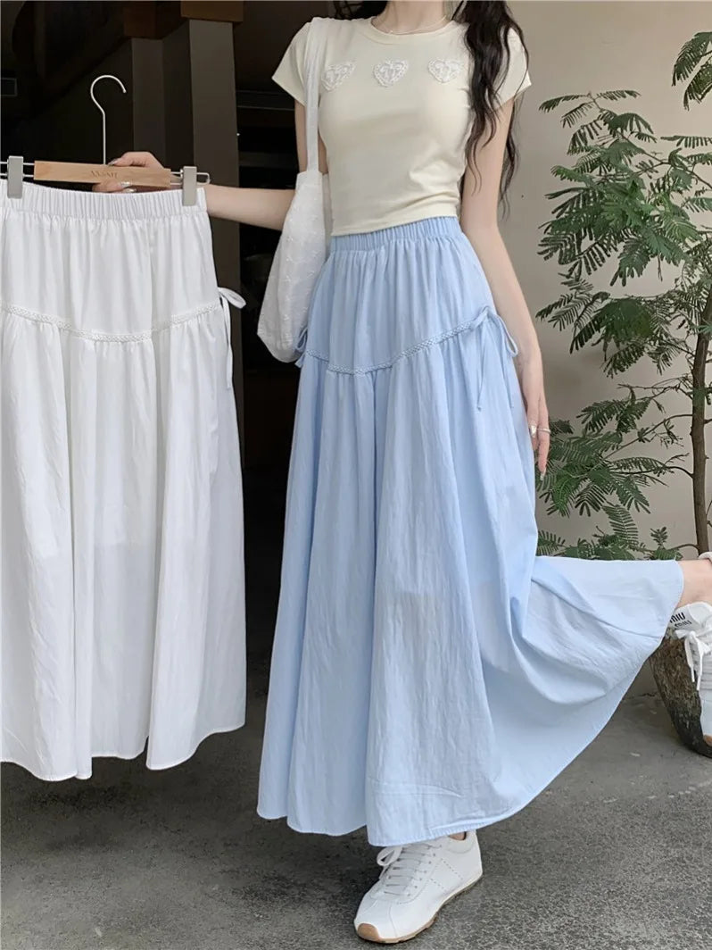 Vintage White Elastic High Waist A-line Skirt For Women Blue Elegant Lace-up Pleated Long Skirt 2024 Summer Ladies Versatile New