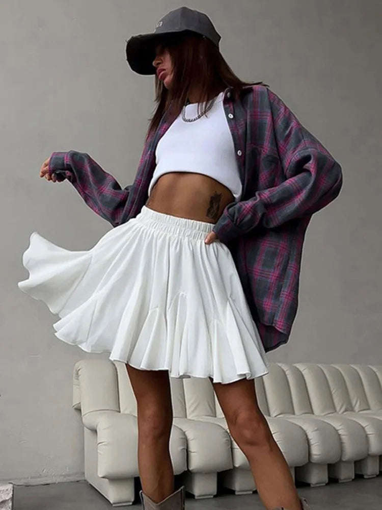 Summer White Mini Skirt A-line High Waist Sexy Cute Ruffle Vintage Tennis Skirt Black Elastic Waist Tutu Short Skirts for Women