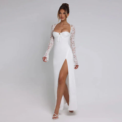 Load image into Gallery viewer, Lace Long Sleeve Sexy Maxi Dress Women Autumn New Square Collar Backless Lace-up High Split Sexy Club Party Long Dress
