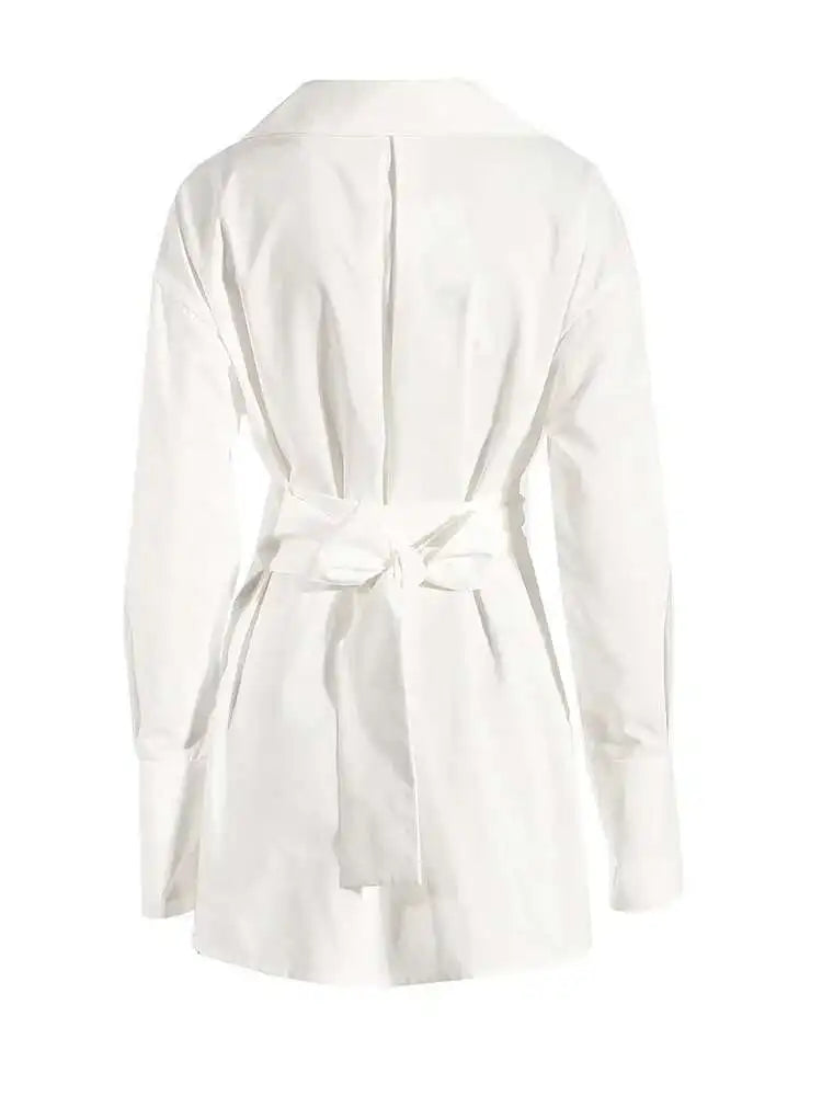 Women White Irregular Bandage Slit Shirt Dress New V-Neck Long Sleeve Loose Fit Fashion Tide Spring Autumn 2025 1DE9884