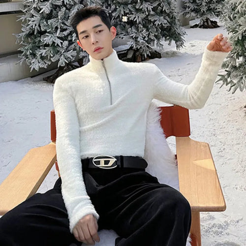 Load image into Gallery viewer, Korean Style Men&#39;s T-shirt Tight Shoulder Pad Zipper Turtleneck Pullover Casual Male Fleece Top Autumn Stylish 9C3855
