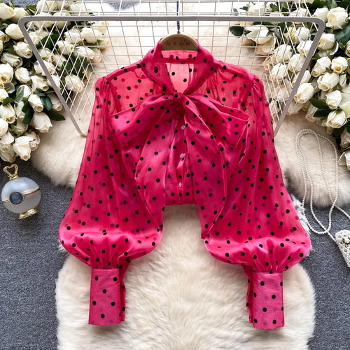 Load image into Gallery viewer, Autumn Women's Vintage Festival Polka Dots Single Breasted Shirt Elegant Sweet Bow Long Sleeve Loose Office Ladies Blouses Tops
