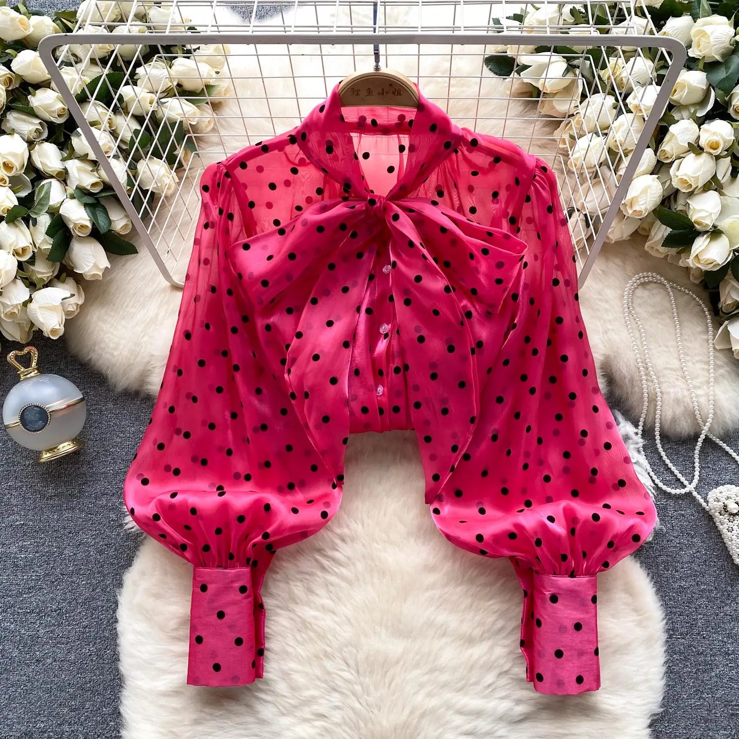 Autumn Women's Vintage Festival Polka Dots Single Breasted Shirt Elegant Sweet Bow Long Sleeve Loose Office Ladies Blouses Tops