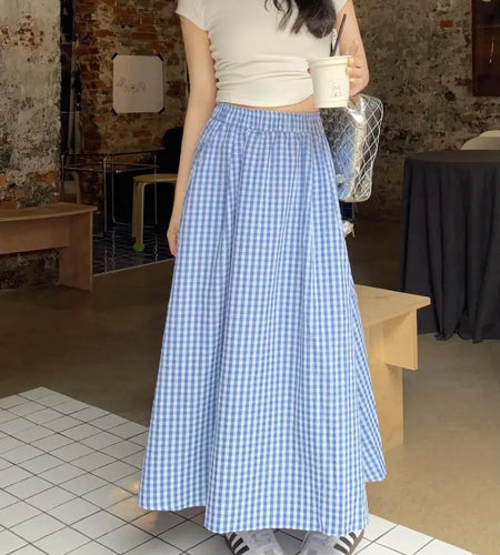 Korean Women Blue Pink Black Plaid Elastic High Waist Skirt Summer Holiday A-line Pleated Long Skirts Casual Streetwear Popular