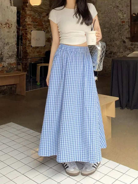 Korean Women Blue Pink Black Plaid Elastic High Waist Skirt Summer Holiday A-line Pleated Long Skirts Casual Streetwear Popular