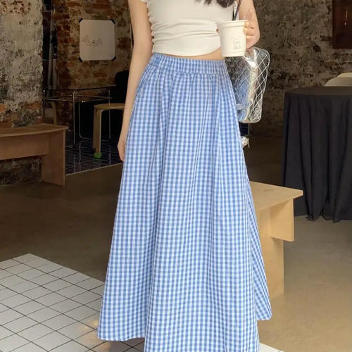 Load image into Gallery viewer, Korean Women Blue Pink Black Plaid Elastic High Waist Skirt Summer Holiday A-line Pleated Long Skirts Casual Streetwear Popular
