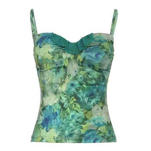 Load image into Gallery viewer, Oil Painting Style Romantic Floral Print Camisole Women Slimming With Breast Cushion Mesh Patched Tops Summer Clothes
