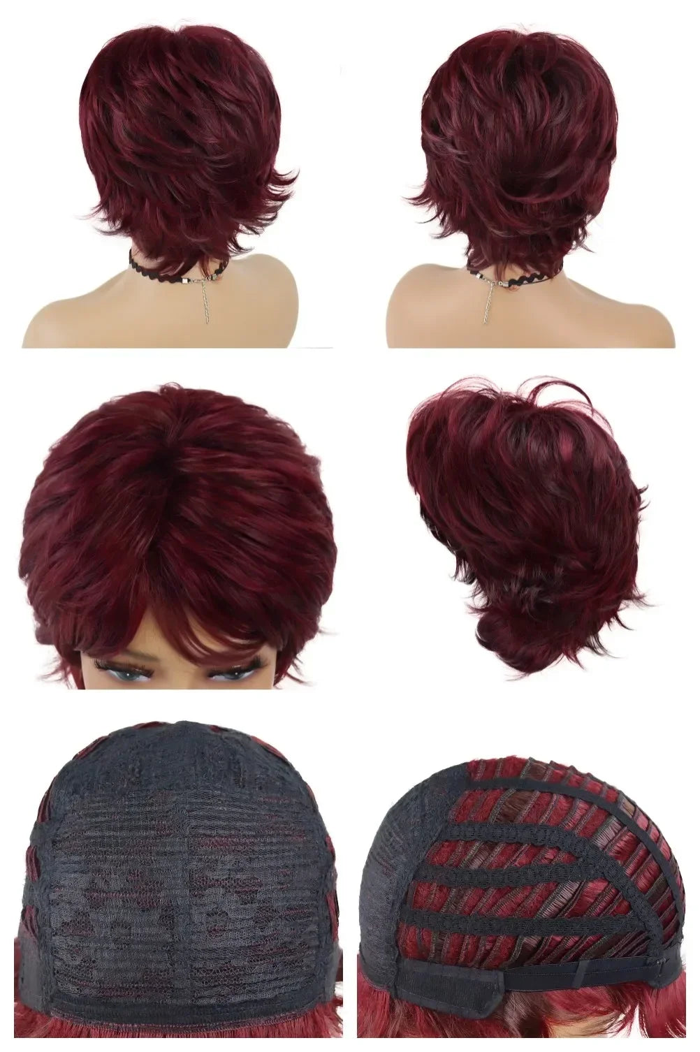 Synthetic Natural Wigs for Women Short Pixie Cut Wig Wine Red Hairstyle Mommy Wig with Bangs Heat Resistant Lady Wig