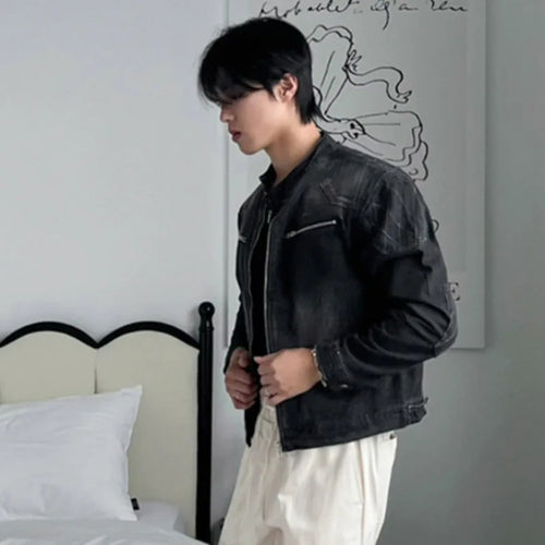 Load image into Gallery viewer, Men&#39;s Short Denim Jacket Male Loose Stand  Collar New Korean Multi Pockets Solid Color Trendy Spring Niche Top 9W1452
